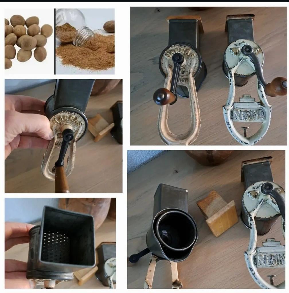 Nootmuskaatmolen, oude metalen molen houten deksel+handvat, Antiek en Kunst, Ophalen of Verzenden