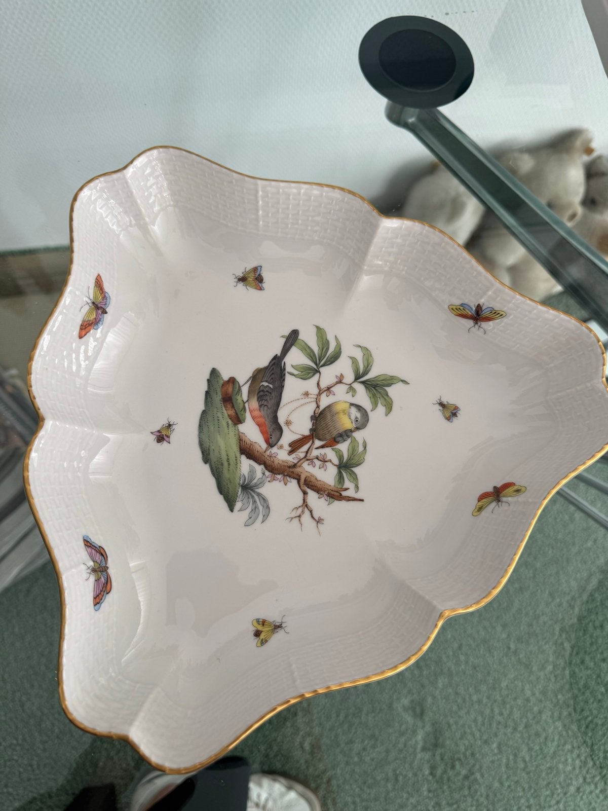 Herend Rothschild Bird Porseleinen Schaal met Gouden Rand, Ophalen