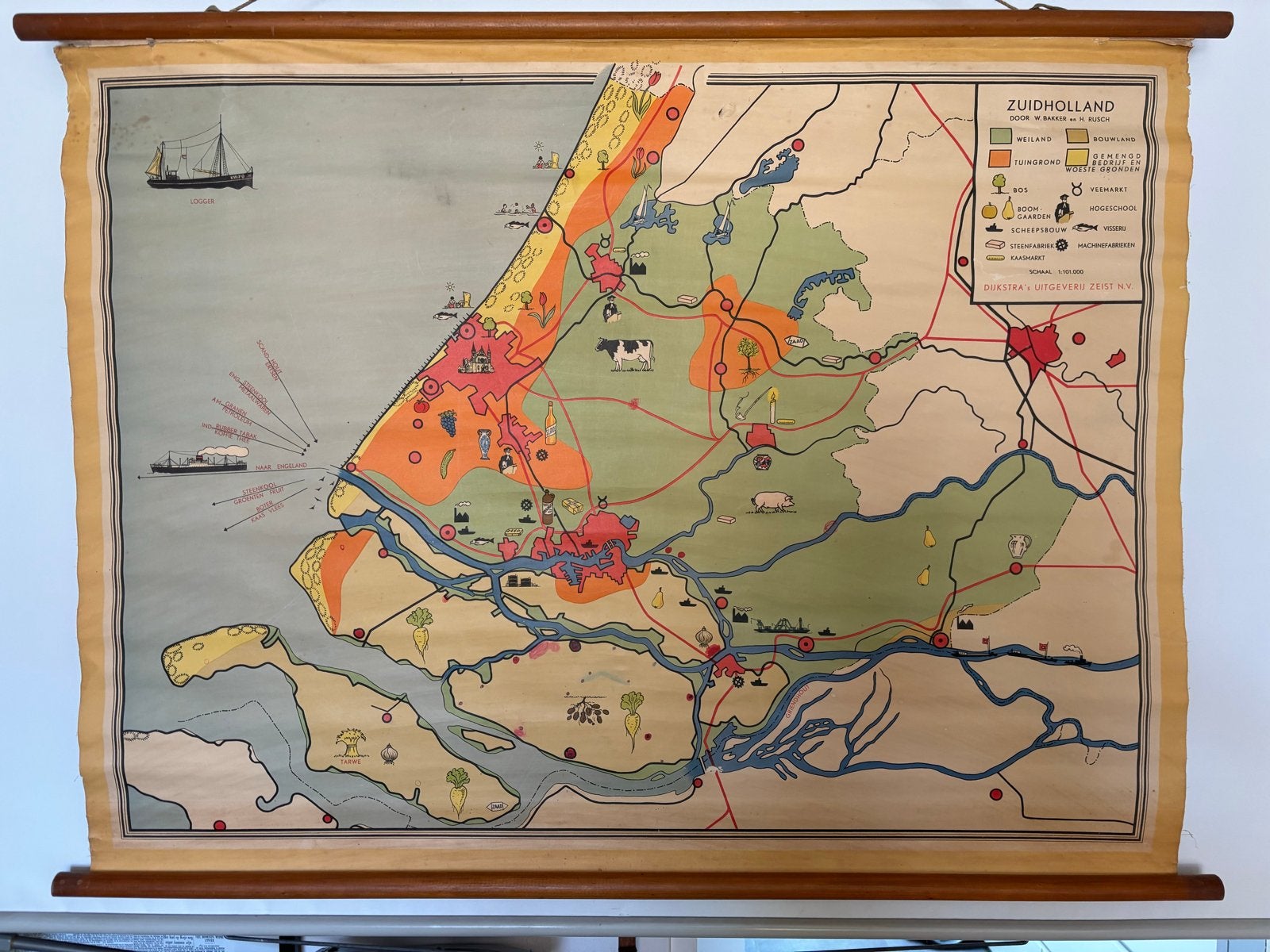 Vintage Schoolkaarten: Zuid-Holland, Noord-Brabant, Wereld, Ophalen of Verzenden, Aardrijkskunde