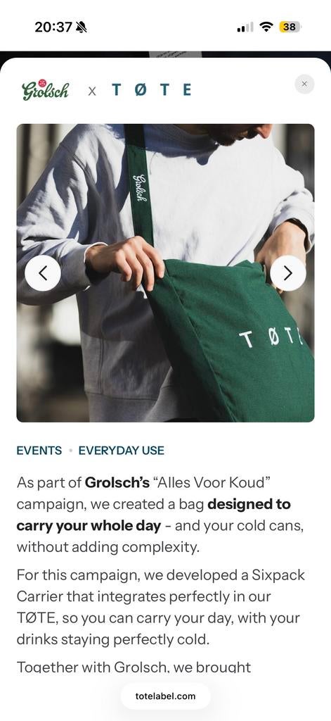GEZOCHT TØTE X GROLSCH tas, Sieraden, Tassen en Uiterlijk, Tassen | Schoudertassen, Ophalen of Verzenden, Zo goed als nieuw, Groen