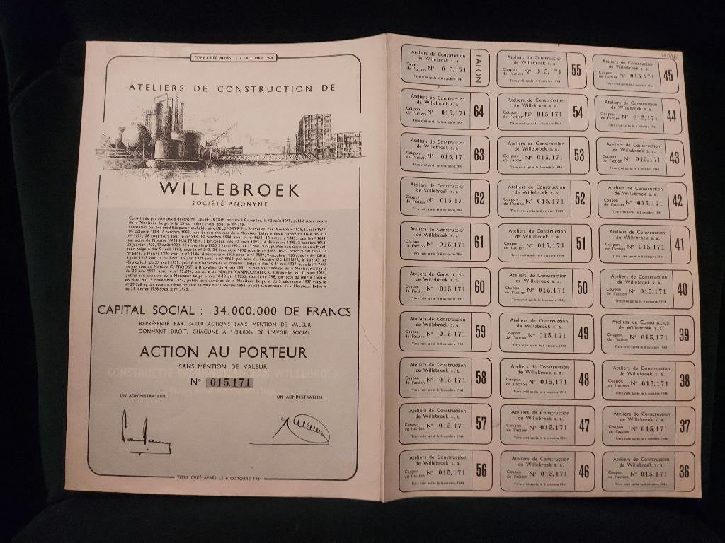 Vintage aandeel – Ateliers de Construction de Willebroeck, Ophalen of Verzenden, 1950 tot 1970, Aandeel