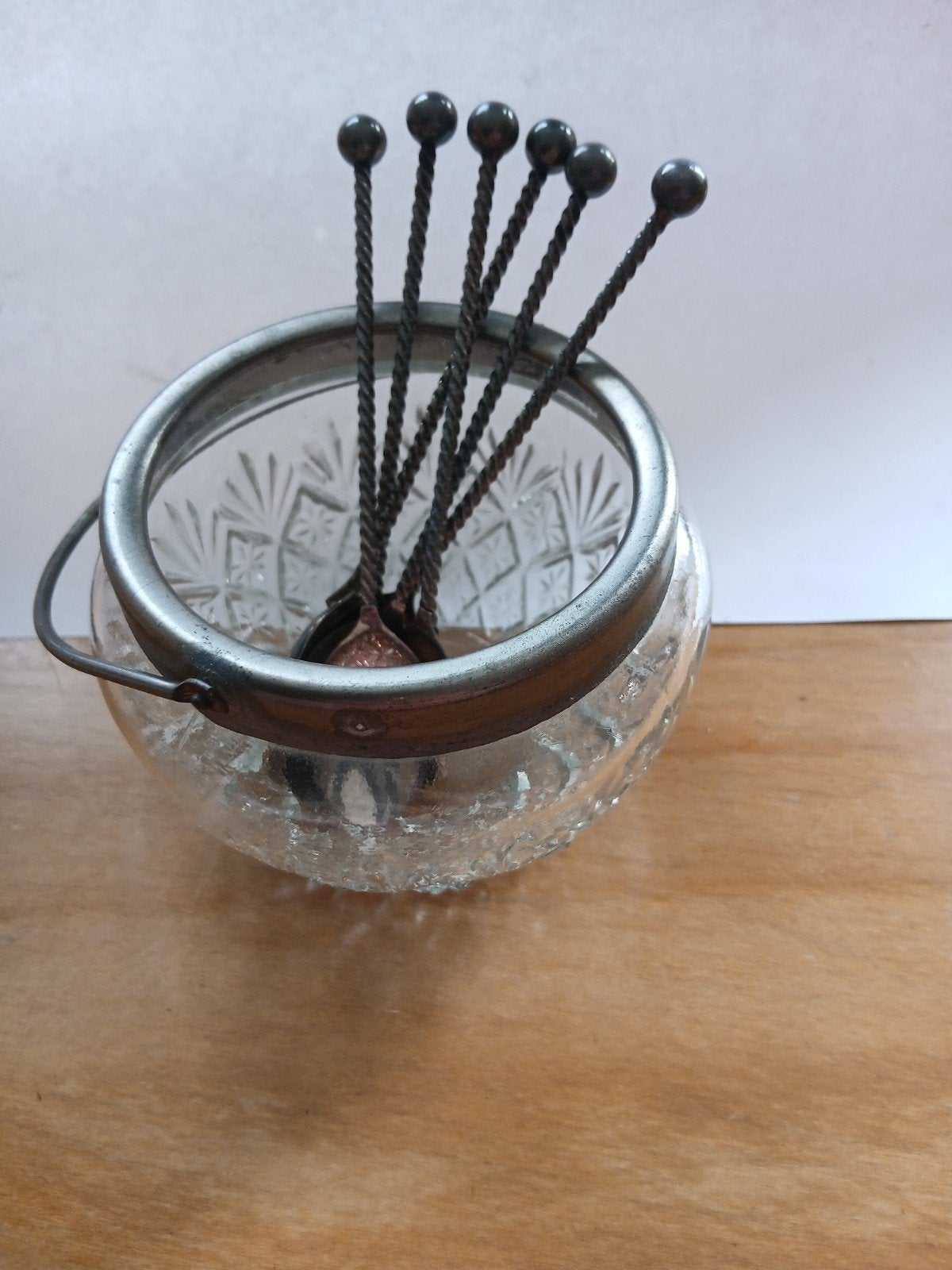 Vintage Glazen Schaaltje met 6 antieke Lepeltjes, Ophalen of Verzenden
