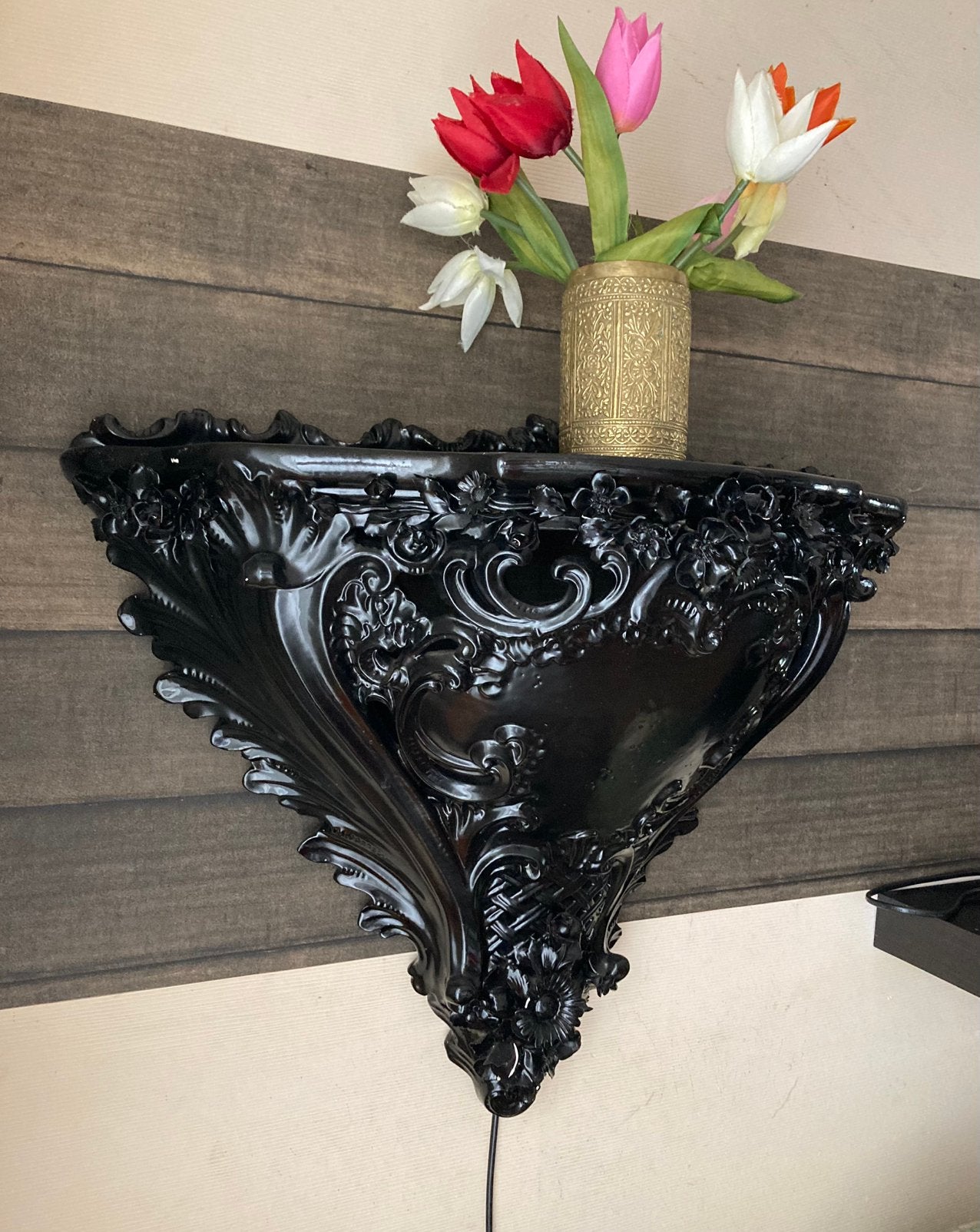 Grote wandconsole lamp barok gotisch zwart steen porselein., Ophalen