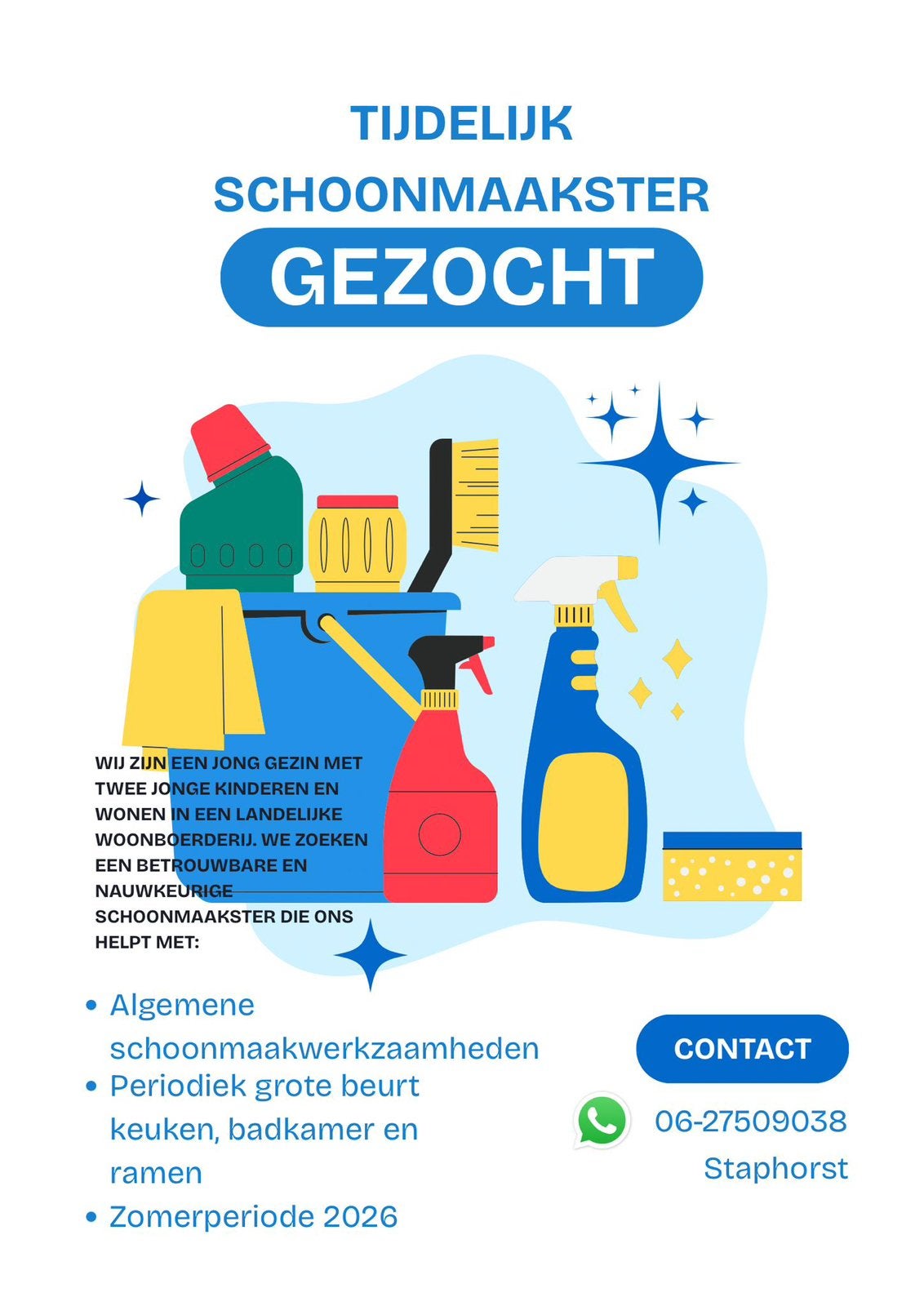 Tijdelijk schoonmaakster gezocht Staphorst, Vacatures, Overige uren, Overige niveaus, Overige vormen