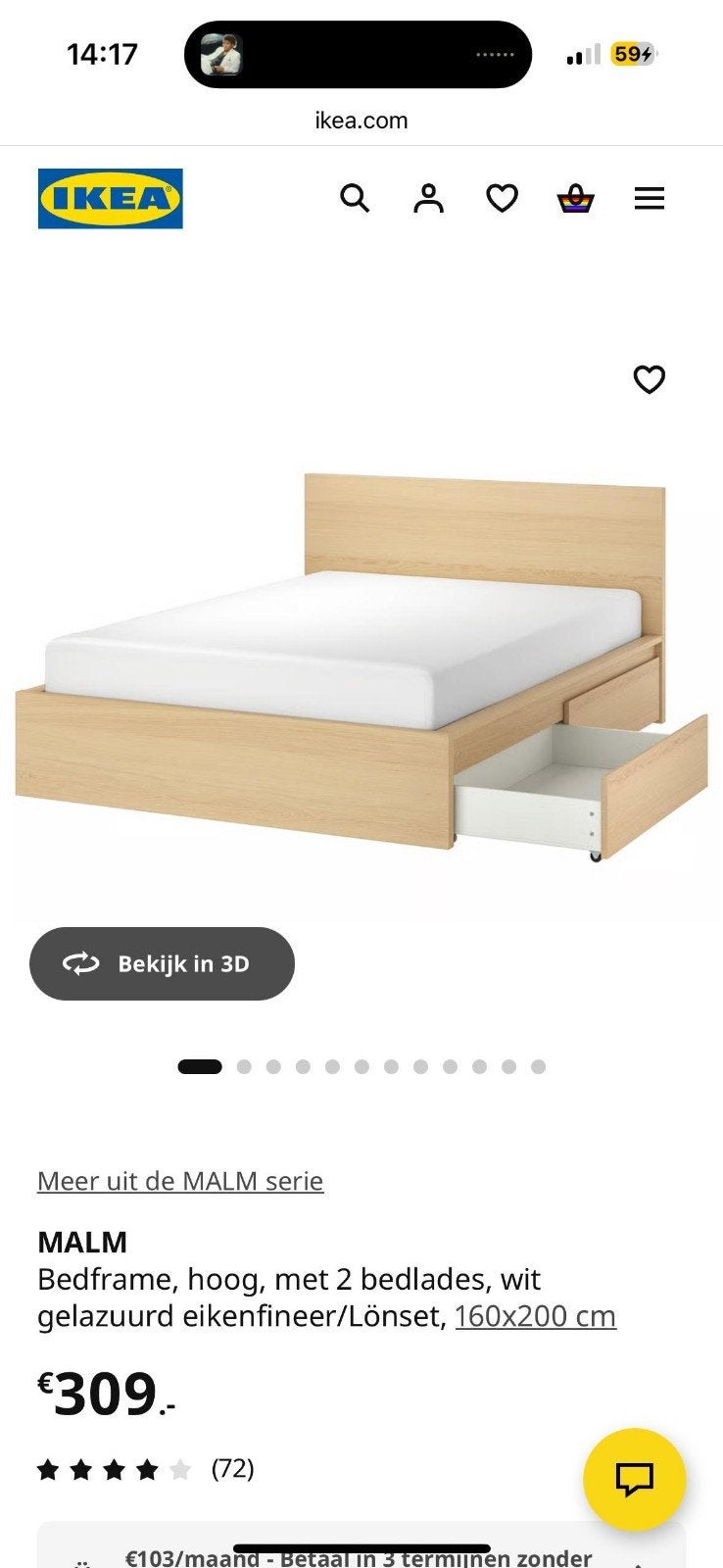 IKEA MALM Bedframe, hoog, met 2 bedlades, 160x200 cm, Ophalen, Wit, Tweepersoons, Zo goed als nieuw