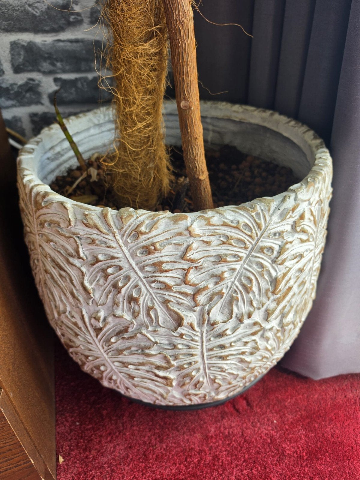 bloempot met Monstera blad reliëf - Ø 40cm, H 38c, Ophalen, Gebruikt, 40 cm of meer, Rond