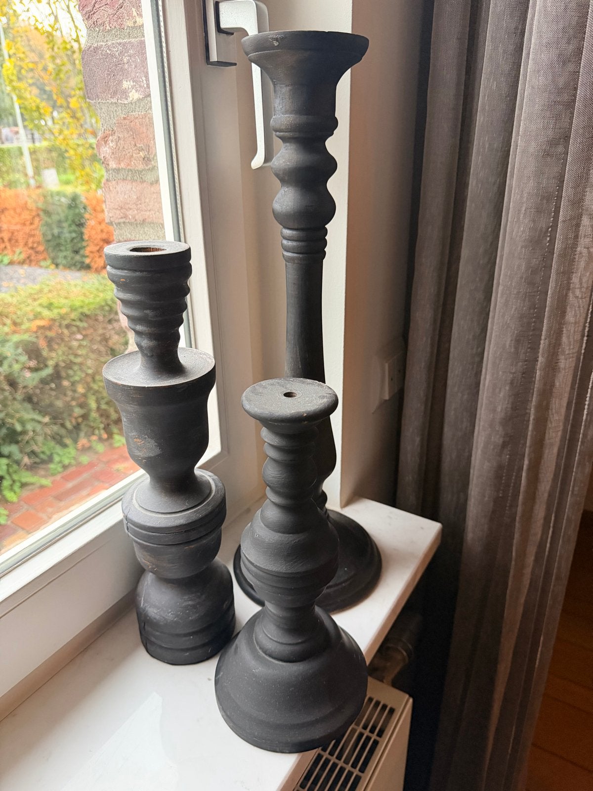Set van 3 zwarte houten kandelaars, Gebruikt, Zwart, Ophalen of Verzenden, Kandelaar
