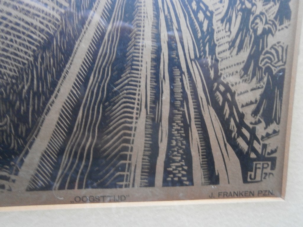 OOGST TIJD, mooie bruin gekl litho J.Franken Pzn., Antiek en Kunst, Kunst | Litho's en Zeefdrukken, Linosnede, Landschappen, Ophalen