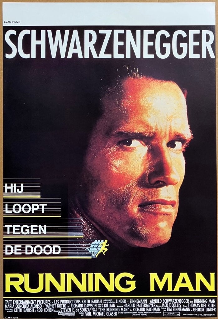 Running Man (1987) - Schwarzenegger - Originele filmposter, Verzenden, Zo goed als nieuw, A1 t/m A3, Film en Tv