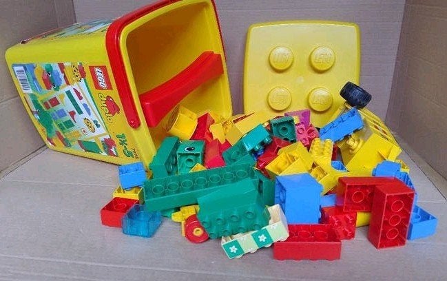 extra grote Duplo emmer geel met deksel vol met losse Duplo, Ophalen of Verzenden, Gebruikt, Complete set, Duplo