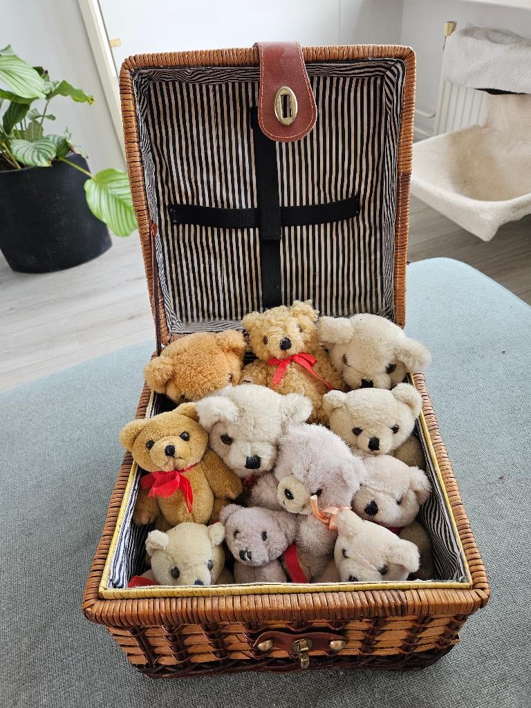 Mandje met 11 (oude) teddy beertjes vintage, Verzamelen, Beren en Cherished Teddies, Ophalen of Verzenden, Gebruikt, Stoffen beer