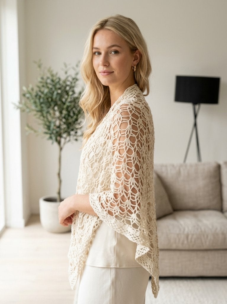 vintage gehaakt creme omslagdoek/ boho-stijl/ ajour patroon, Ophalen of Verzenden, Zo goed als nieuw, Maat 38/40 (M), Sjaal