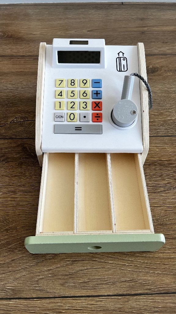 Houten kassa speelgoed met geld & rekenmachine, Ophalen of Verzenden, Zo goed als nieuw, Rekenen, Met licht