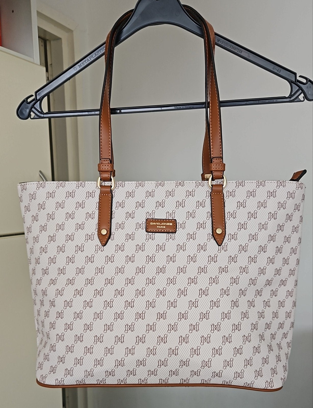 David Jones Paris Shopper Handtas Wit Monogram cognac zgan, Sieraden, Tassen en Uiterlijk, Ophalen of Verzenden, Zo goed als nieuw