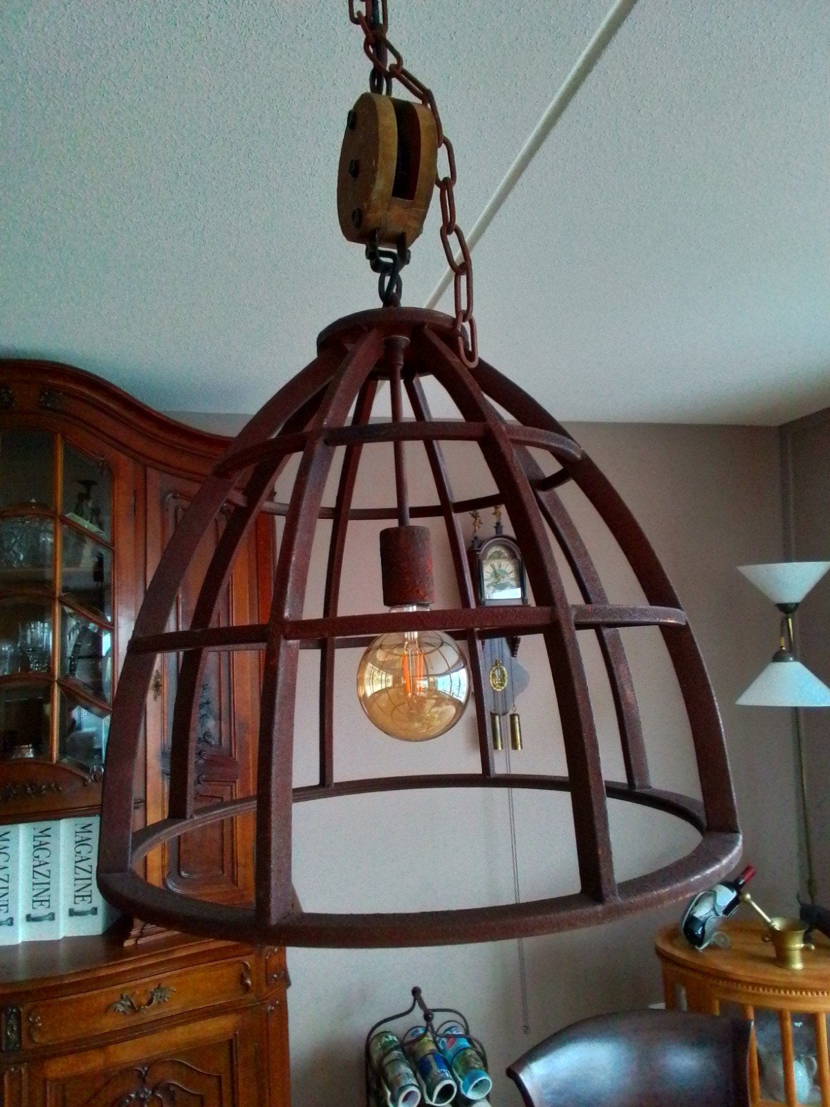 Industriële ijzeren hanglamp met katrol - 70x50 cm, Huis en Inrichting, Ophalen, Gebruikt, Metaal, Industrieel, Vintage