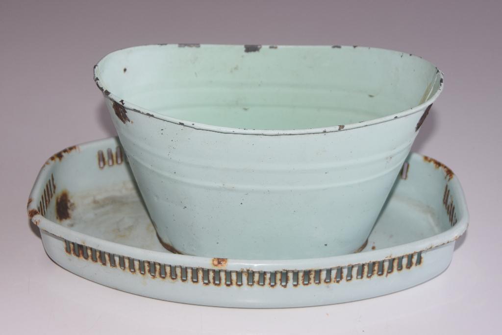 Brocante Planter & Dienblad Emaille Mintgroen bloempot, Verzenden