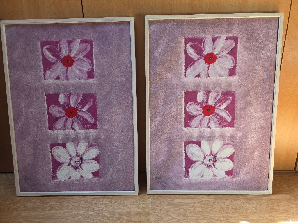 Schilderij 2x, Antiek en Kunst, Ophalen, Textiel, Handgeschilderd, Bloemen