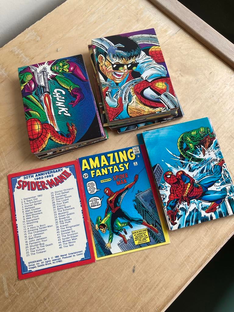 Amazing Fantasy Spider-Man kaarten 1962-1992 (incomplete set, Ophalen of Verzenden, Superheld, Zo goed als nieuw, Plaatje, Poster of Sticker