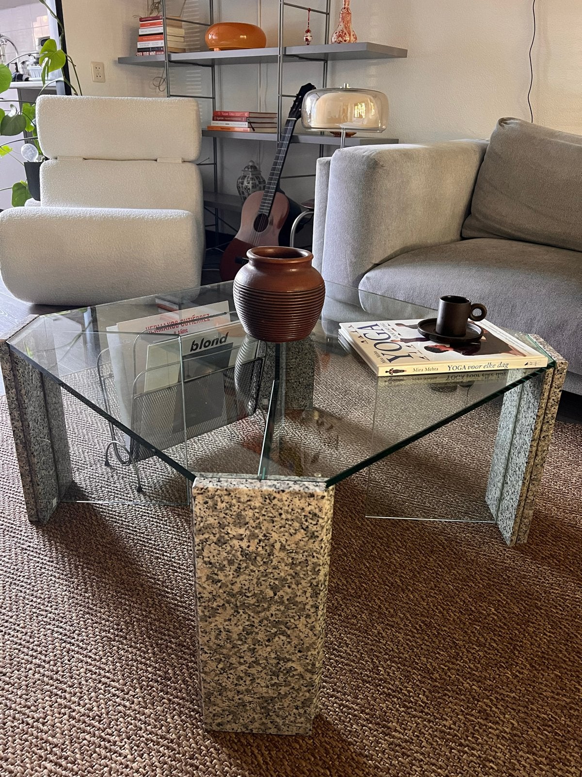 Vintage Glazen/Steen Salontafel, Gebruikt, 50 tot 100 cm, Glas, Overige vormen