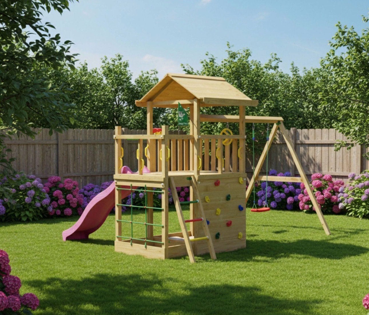 Houten speeltoestel Cavern – compleet met glijbaan, schommel, Kinderen en Baby's, Ophalen of Verzenden, Nieuw, Schommel