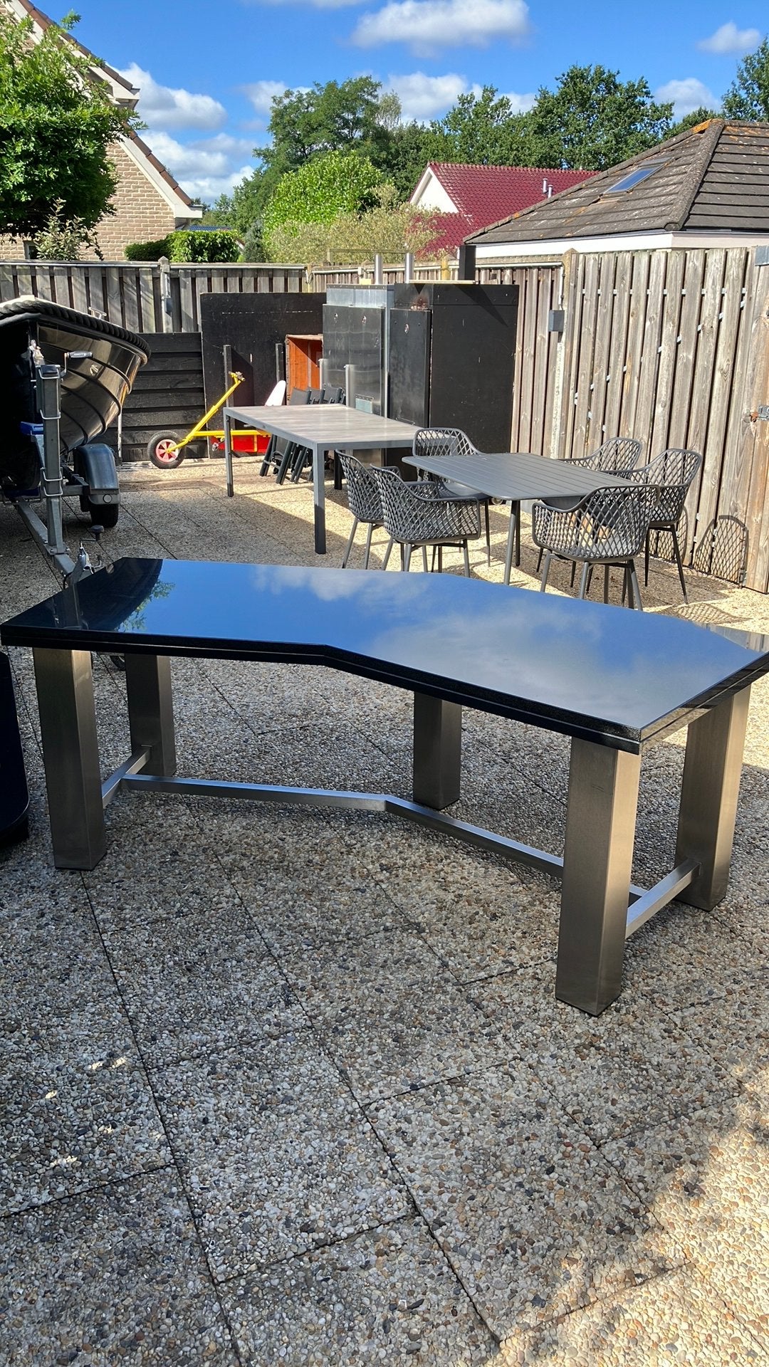 Tafel RVS met natuursteen blad, Ophalen of Verzenden, Zo goed als nieuw, Rechthoekig, Rvs