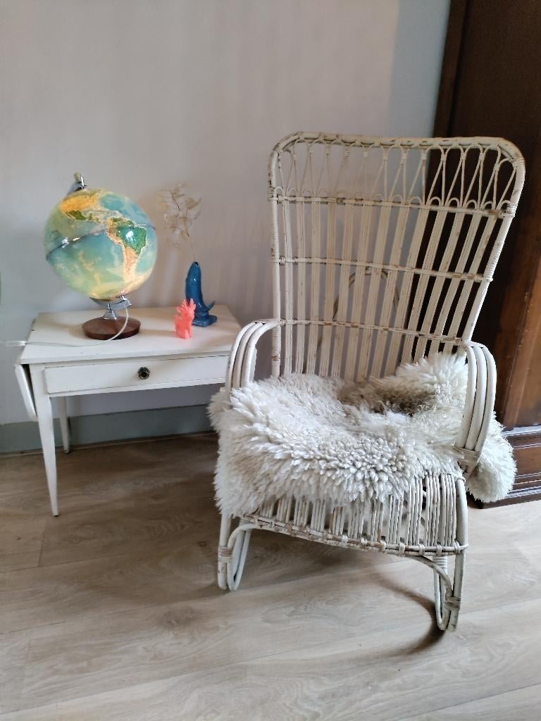 vintage hoge Rohe fauteuil, Huis en Inrichting, Fauteuils, Ophalen, Gebruikt, 50 tot 75 cm, Riet of Rotan