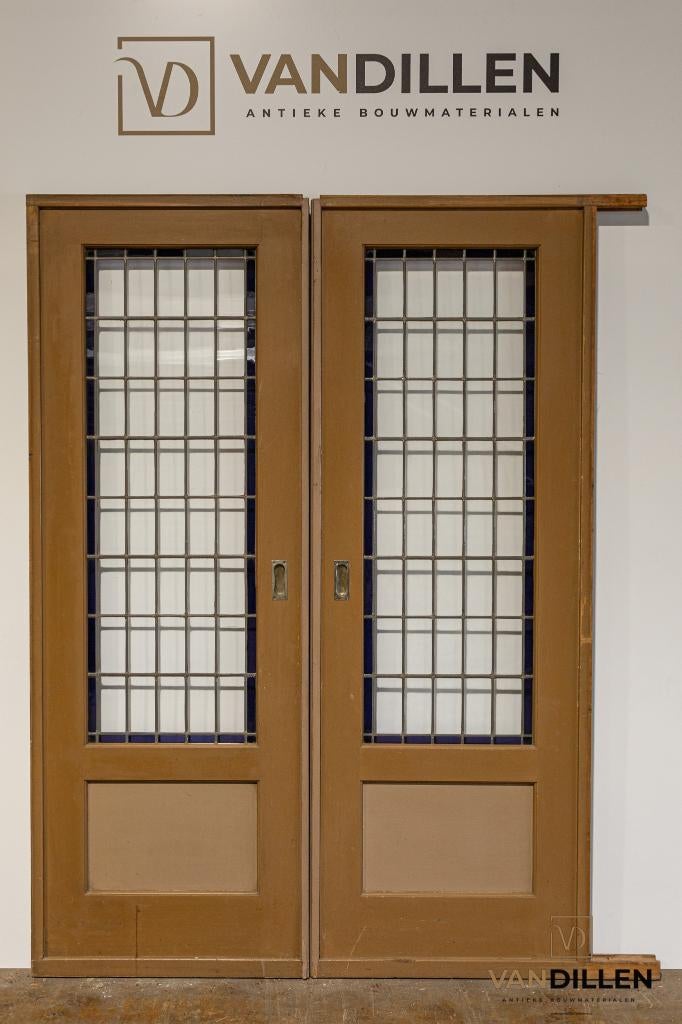 Oude ensuite schuifdeuren glas in lood in topstaat, 120 cm of meer, Binnendeur, Ophalen of Verzenden, 200 tot 215 cm