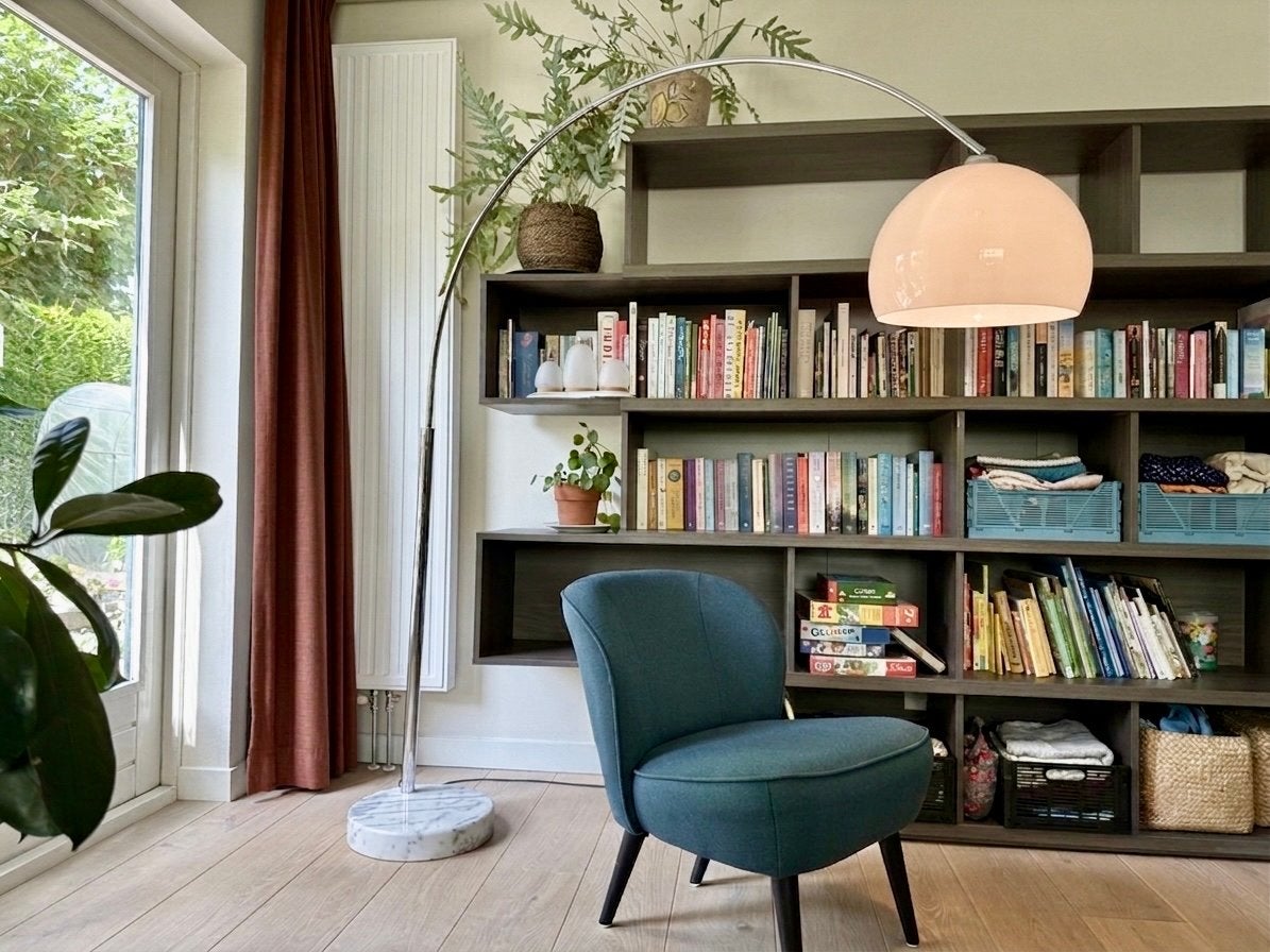 Booglamp met voetdimmer, Huis en Inrichting, Lampen | Vloerlampen, Ophalen, Gebruikt, Kunststof, 150 tot 200 cm