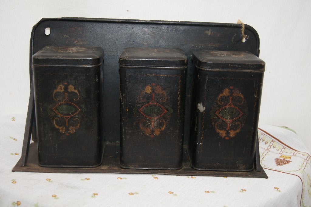 Antieke blikken kruidenrek met 3 bussen, Antiek en Kunst, Antiek | Keukenbenodigdheden, Ophalen of Verzenden