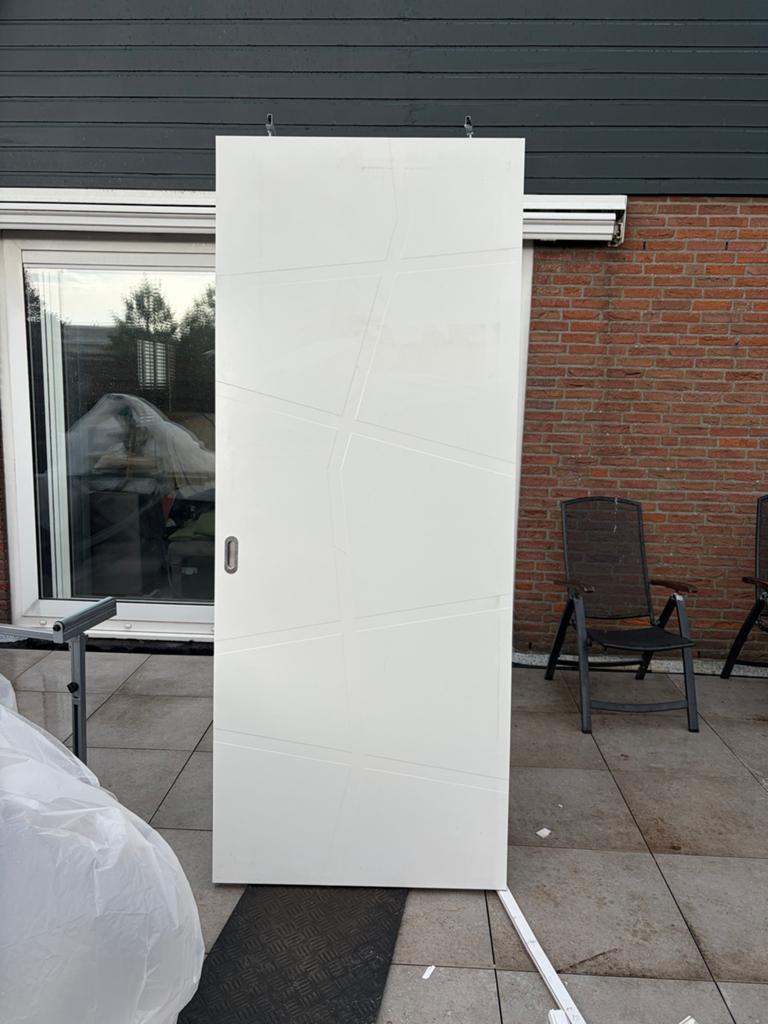 Moderne witte schuifdeur met geometrisch patroon, 80 tot 100 cm, 215 cm of meer, Binnendeur, Ophalen of Verzenden
