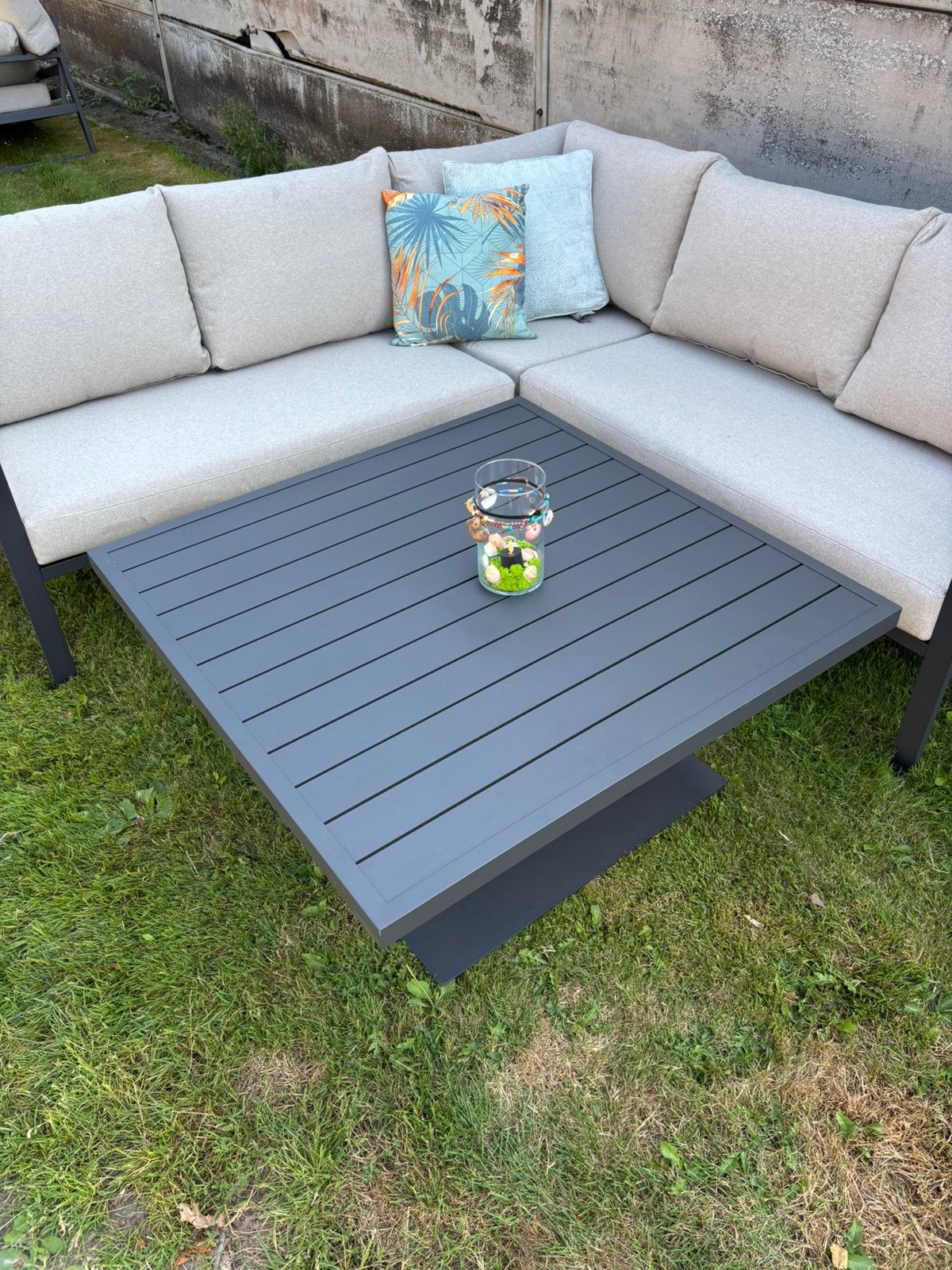 Aluminium loungeset met in de hoogte verstelbare tafel, 4 zitplaatsen, Ophalen of Verzenden, Loungeset, Bank