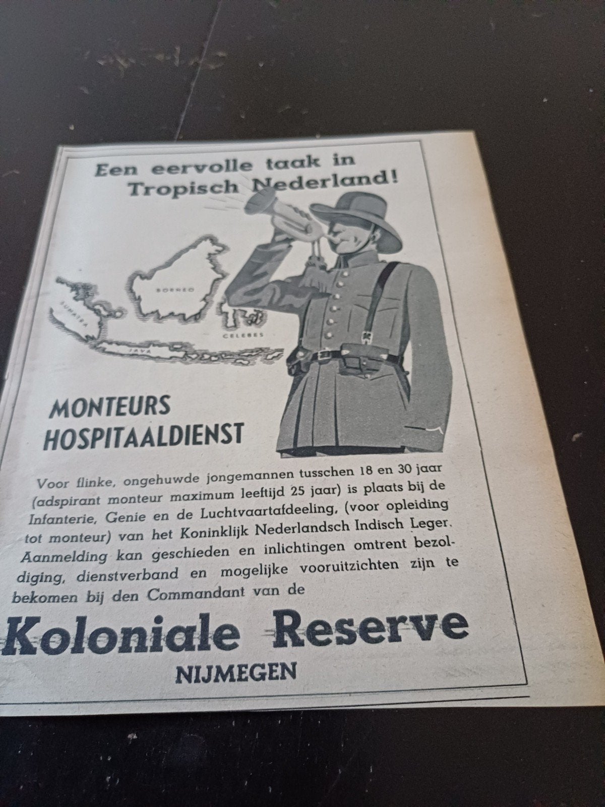 advertentie koloniale reserve Nijmegen eervolle taak 1939, Verzamelen, Militaria | Algemeen, Ophalen of Verzenden, Landmacht, Nederland