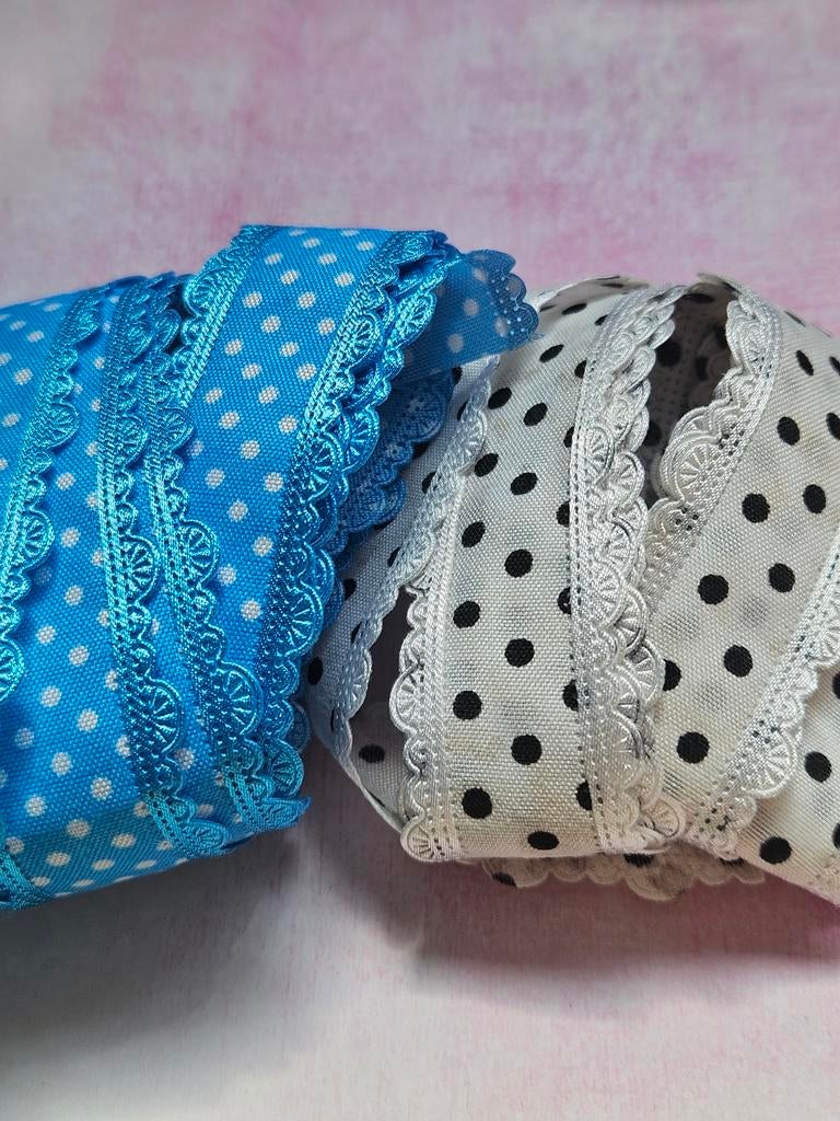 Stippen lint met kant - Blauw/wit en Wit/Zwart, Hobby en Vrije tijd, Naaien en Fournituren, Ophalen of Verzenden, Nieuw, Lint, Band of Elastiek
