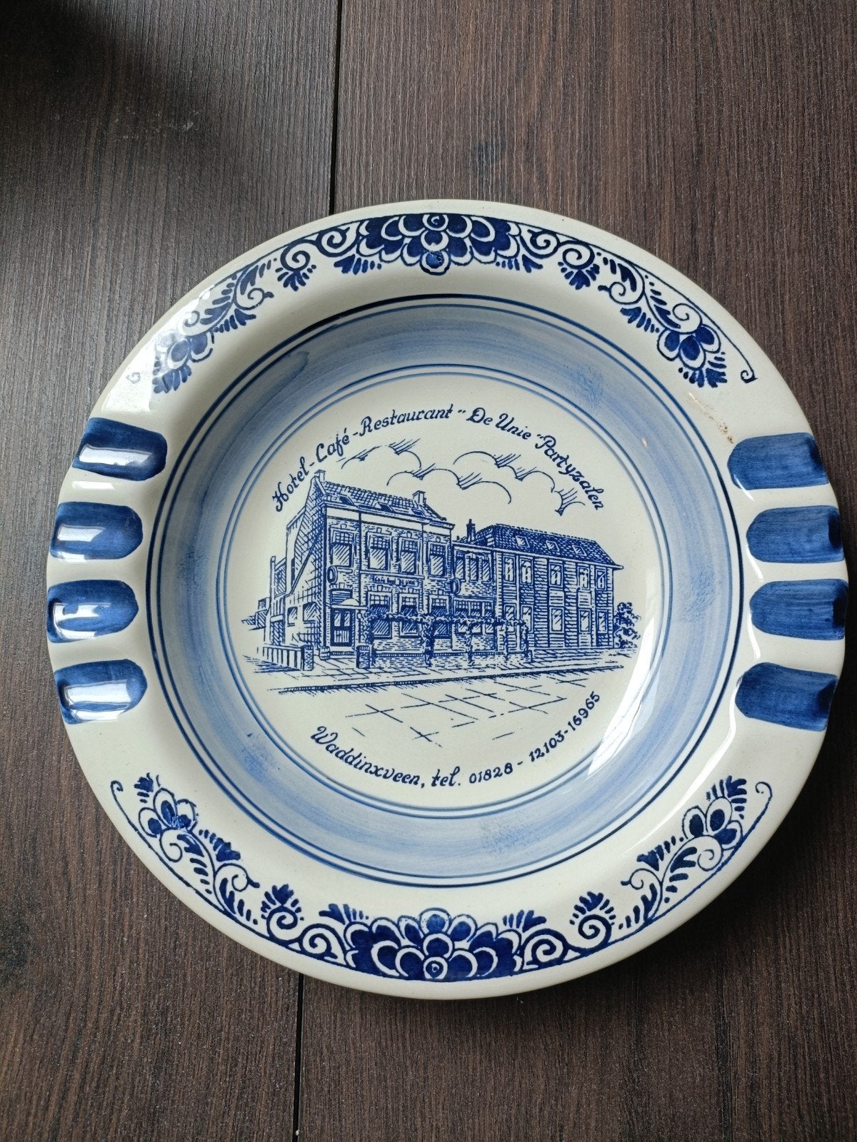 Vintage Delfts Blauw Asbak Hotel De Unie waddinxveen, Ophalen of Verzenden