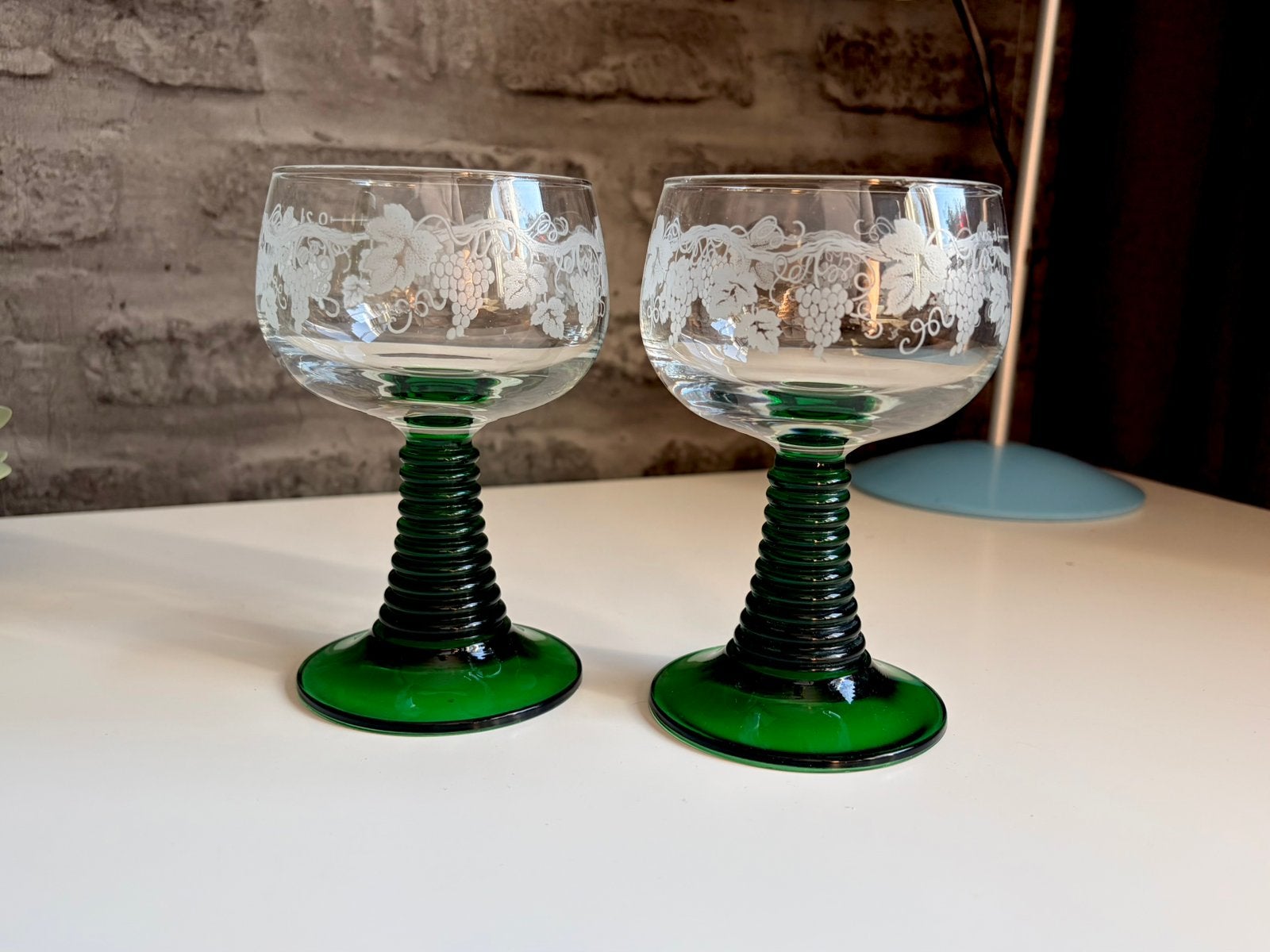 Vintage Roemer Wijnglazen Groene Poot Luminarc (2x), Glas of Glazen, Overige merken, Vintage, Ophalen of Verzenden