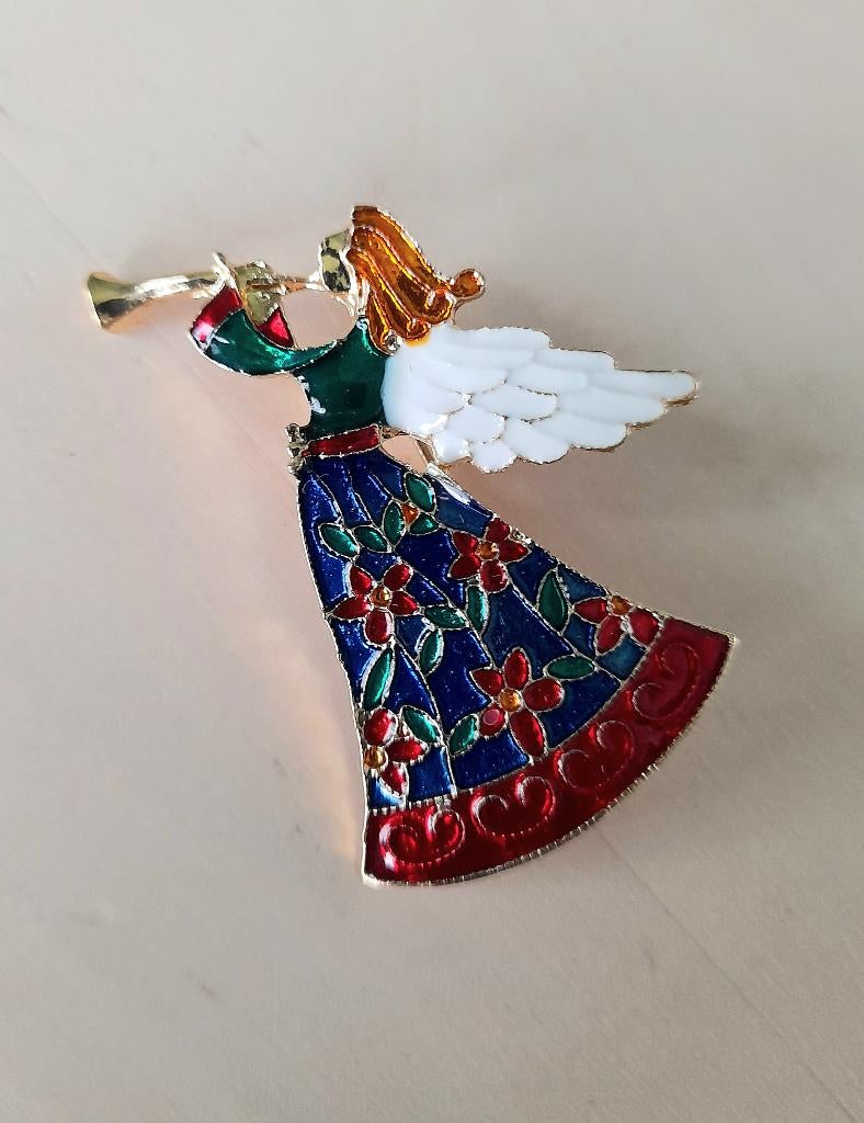 Mooie broche engel met trompet bloemen Kerst, Sieraden, Tassen en Uiterlijk, Broches, Zo goed als nieuw, Overige materialen, Overige kleuren