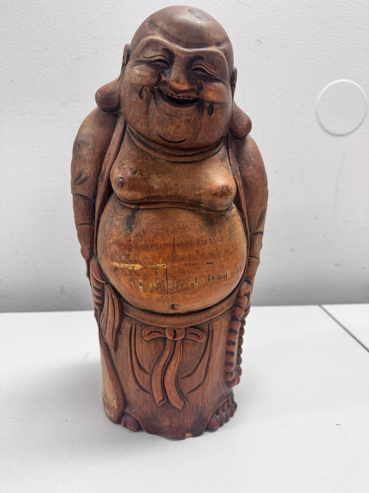 Vintage lachende Boeddha Hotei, handgesneden bamboe, Ophalen of Verzenden, Handgemaakt, 20 - 50 cm, Beeld