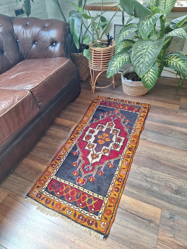Vintage wollen Oosters tapijt * ca 125 x 55 cm * Wijnrood/bl, Gebruikt, 100 tot 150 cm, Blauw, Vintage Perzisch Oosters