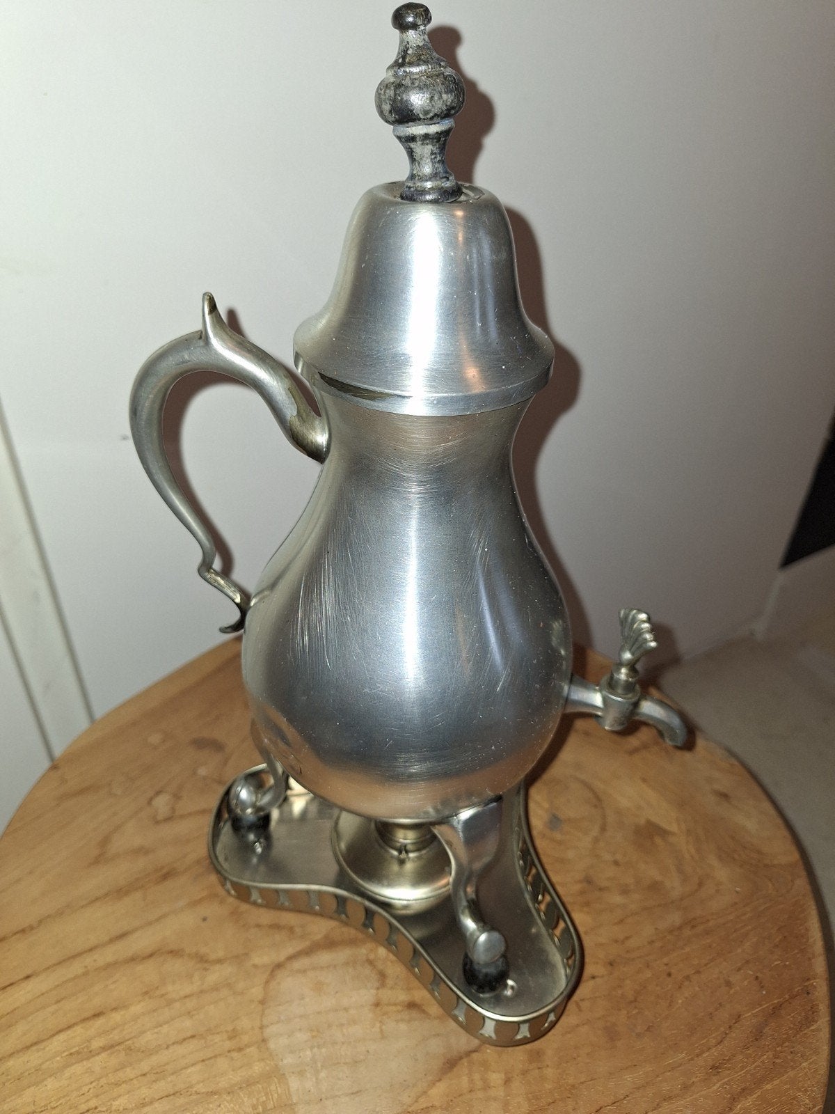 Antieke tinnen theeketel met brander en dienblad, Ophalen of Verzenden