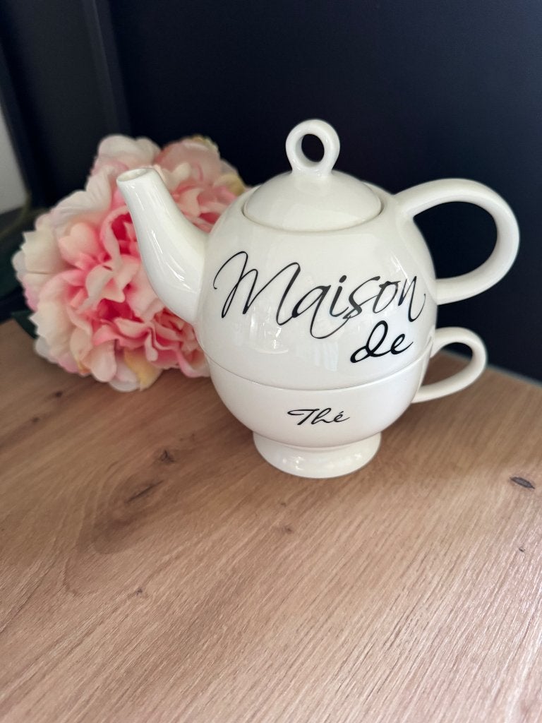 6 Rivièra Maison Tea for one - Theepot met Theekop, Huis en Inrichting, Keuken | Servies, Ophalen, Zo goed als nieuw, Porselein