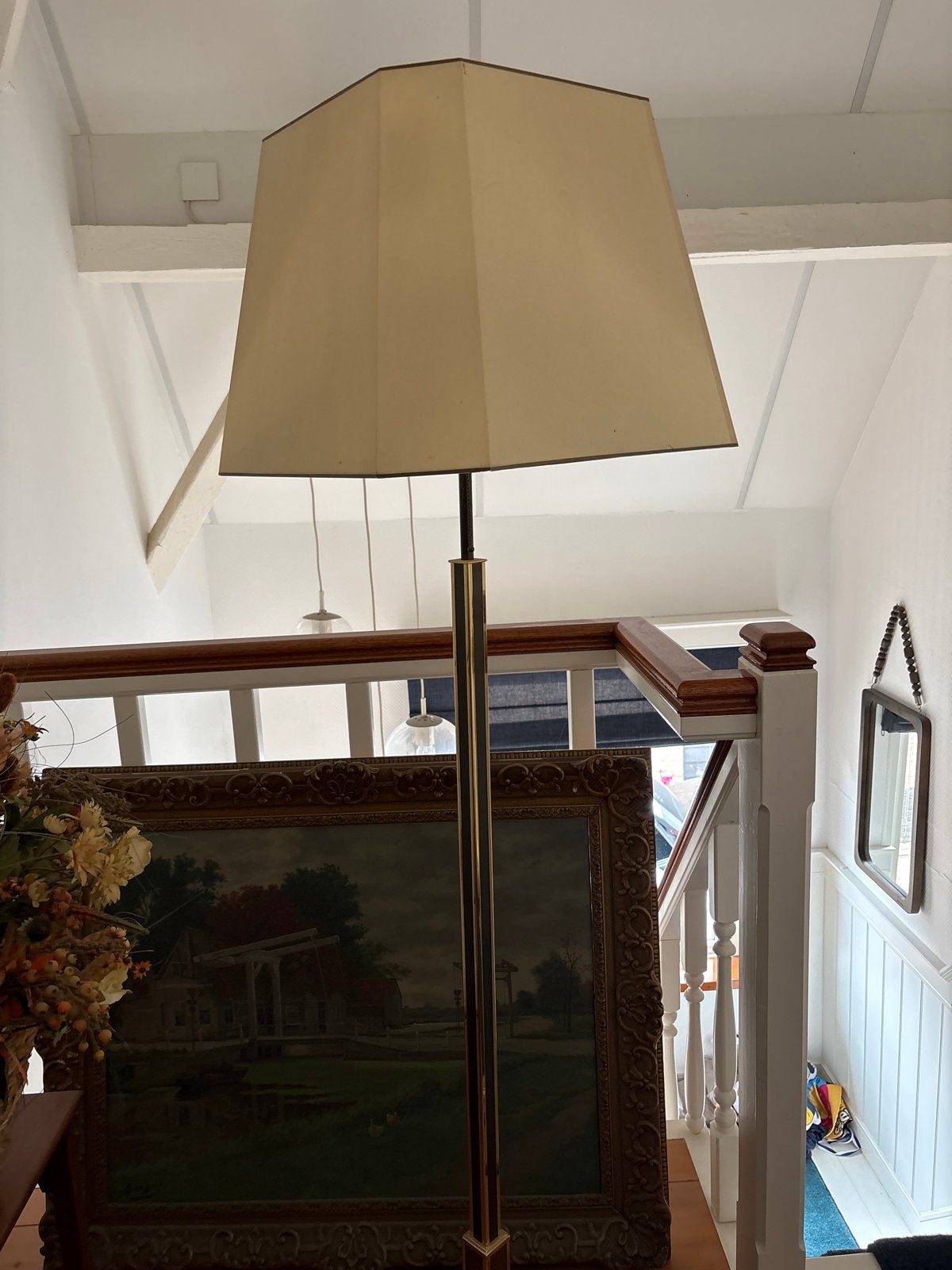 Vintage Staande Lamp met Crèmekleurige Kap, Gebruikt, Metaal, 150 tot 200 cm, E27 (groot)