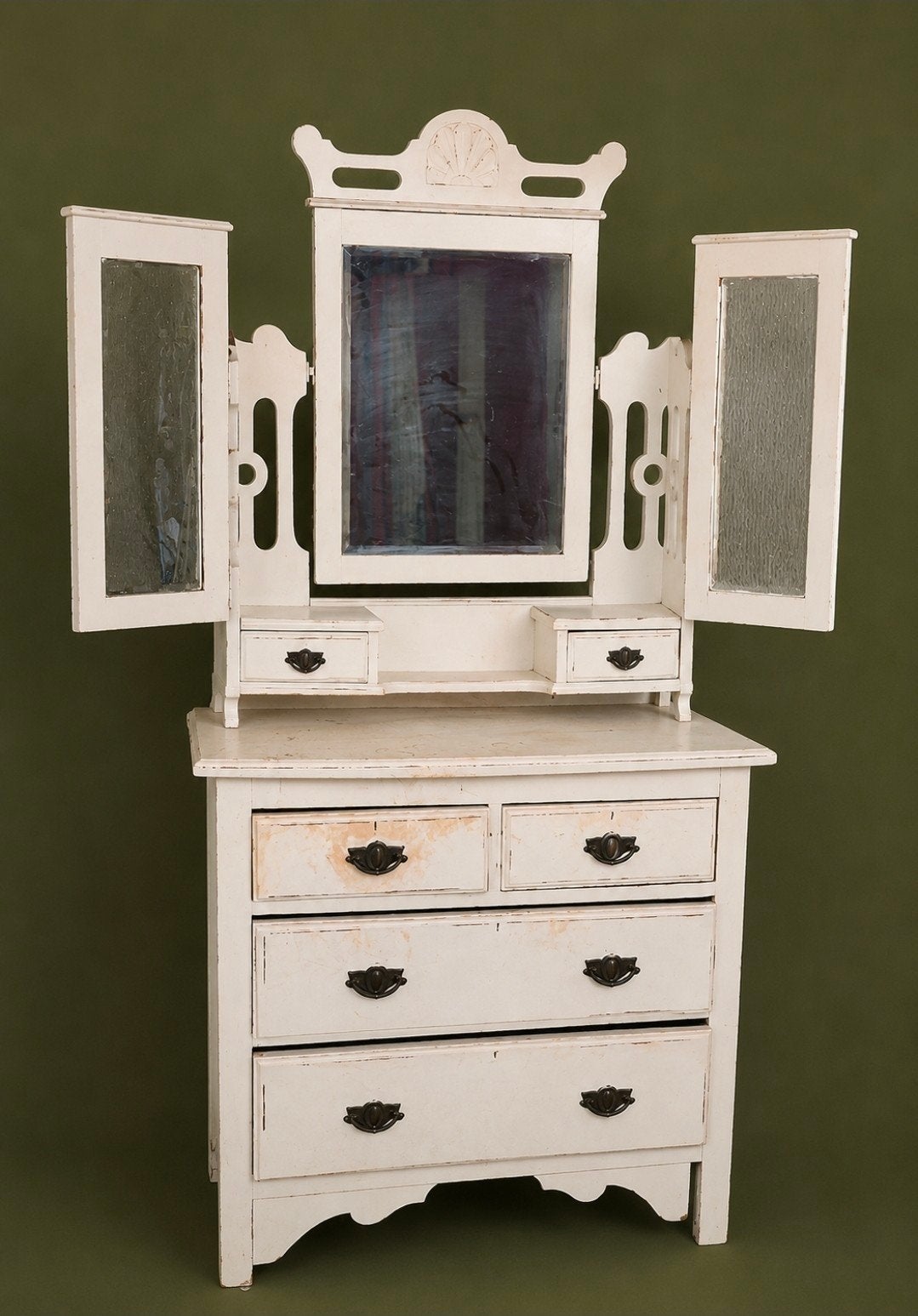 Antieke kaptafel met spiegel en lades, wit geverfd, Antiek en Kunst, Ophalen