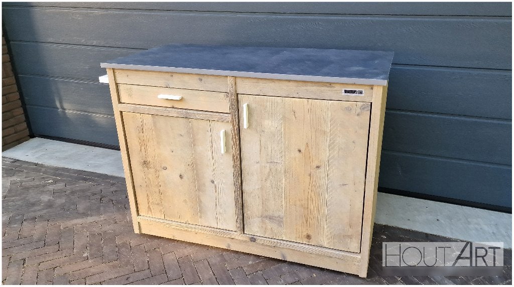 Buitenkeuken losse kast dubbel deuren en lade steigerhout