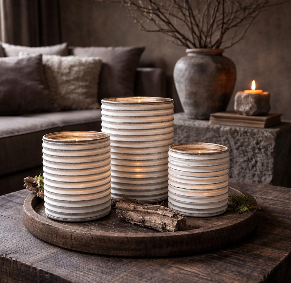 Riviera Maison Set van 3 decoratieve kaarsen/kandelaars, Overige materialen, Wit, Ophalen of Verzenden, Zo goed als nieuw