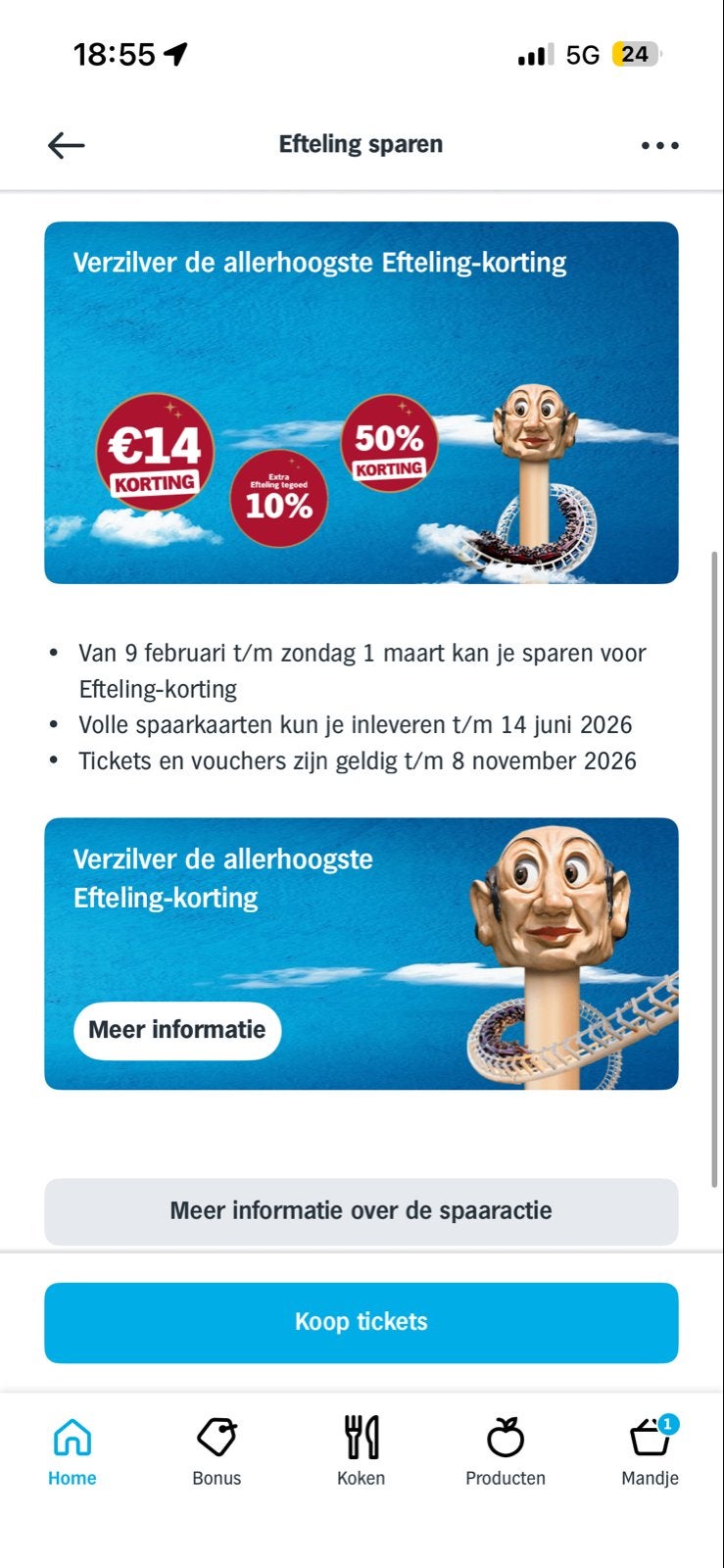 5 Efteling spaarkaarten voor korting op tickets, Ophalen, Nieuw, Overige typen