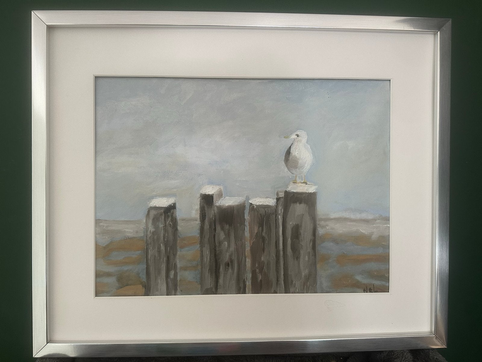 Schilderij met Meeuw op Palen - Maritiem Kunstwerk, Maritiem / water, Doek, Realistisch, Ophalen of Verzenden