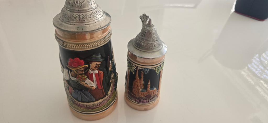 Set van 2 Oostenrijkse Bierpullen met Tinnen Deksel, Antiek en Kunst, Ophalen of Verzenden