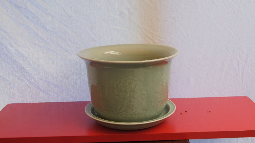 Bloempot met schotel ( Celedon China, Ophalen of Verzenden