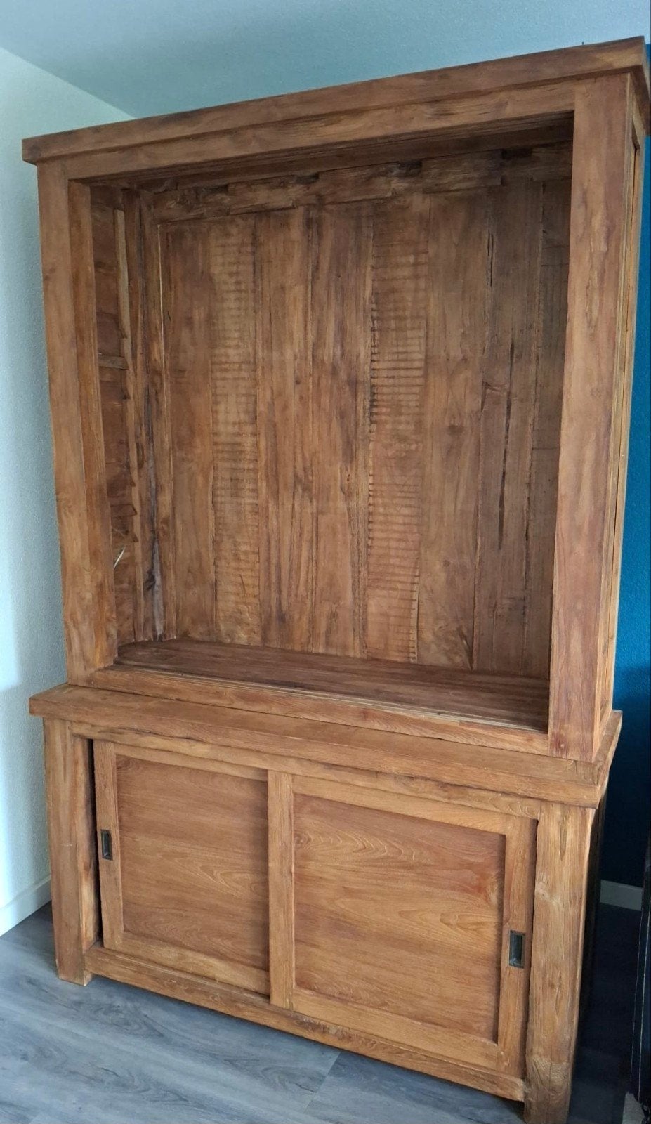 Teak houten buffetkast met schuifdeuren van glas, Ophalen, Gebruikt, 25 tot 50 cm, 200 cm of meer