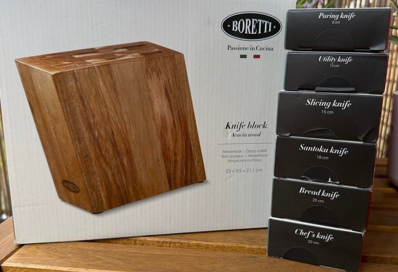 Boretti Messenset met messenblok - Nieuw in doos, Bestekset, Nieuw, Ophalen of Verzenden, Rvs of Chroom